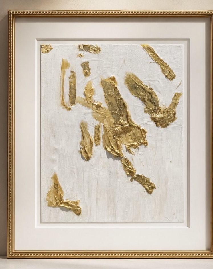 Gold Study No. 01 — a framed palette-knife gold abstract on ivory