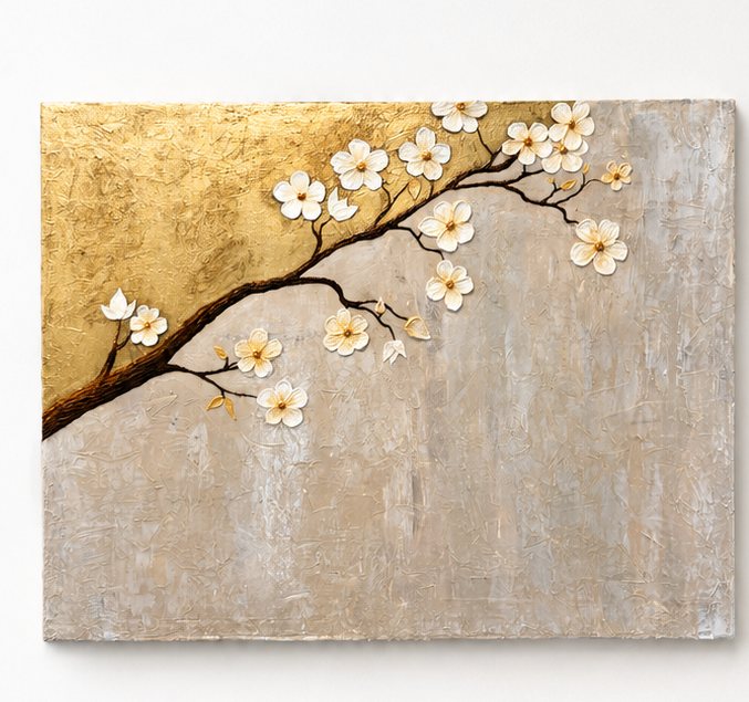 Blossom Branch — raised white and gold blossoms trailing across a taupe field