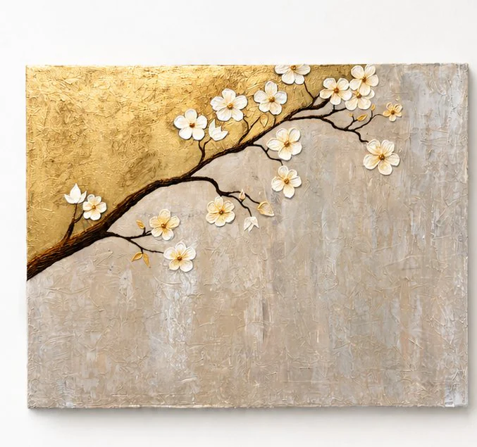 Blossom Branch — raised white and gold blossoms trailing across a taupe field