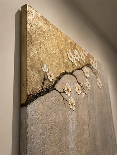 Blossom Branch seen from the side, showing how far the sculpted blossoms stand off the canvas