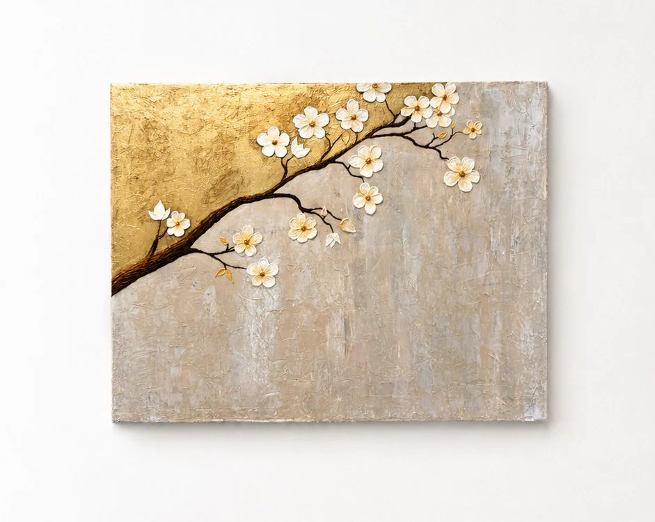 Blossom Branch hung on a large white wall, showing the work at room scale