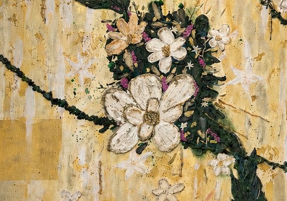 Close detail of a sculpted white bloom in heavy impasto