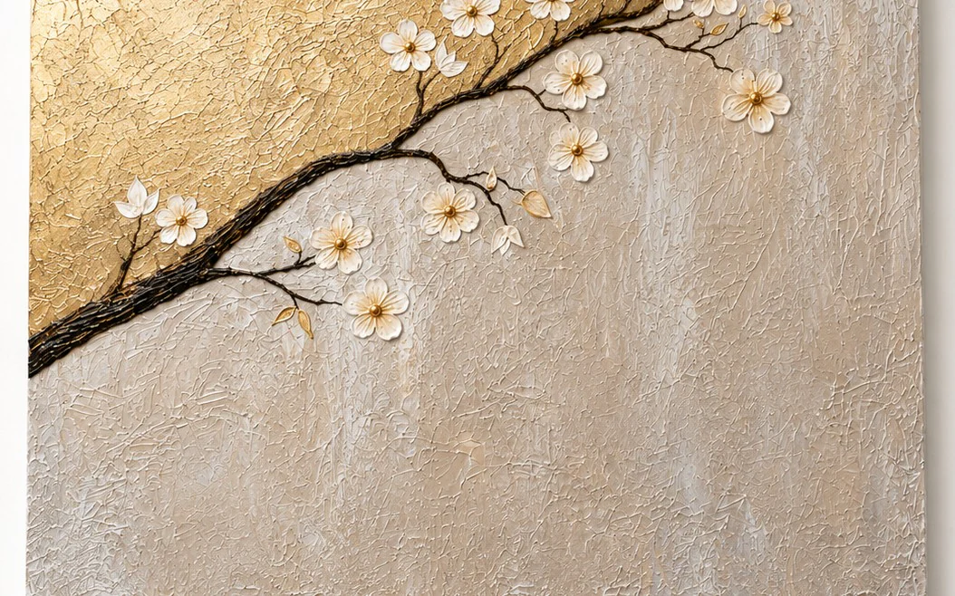 Blossom Branch, the blossom tree painting in gold and white by Katelyn Dowdle, hung on a clean white gallery wall
