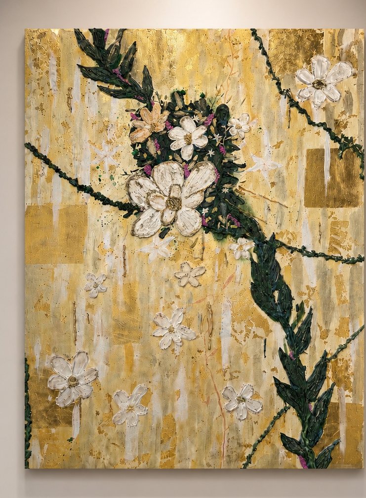 Bloom in Gold — a large-scale statement work with sculpted white blooms rising from a dripping gold ground