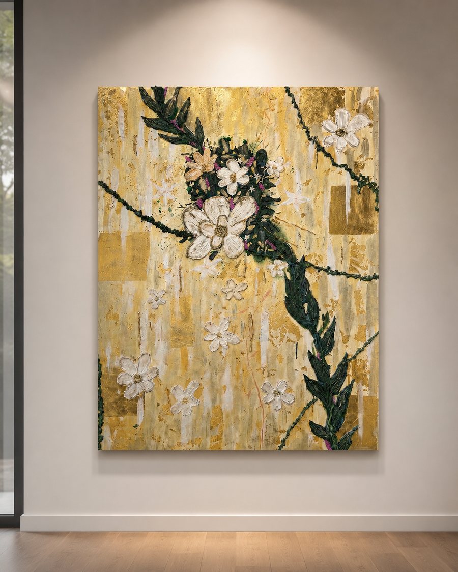 A statement floral installed in a bright hallway