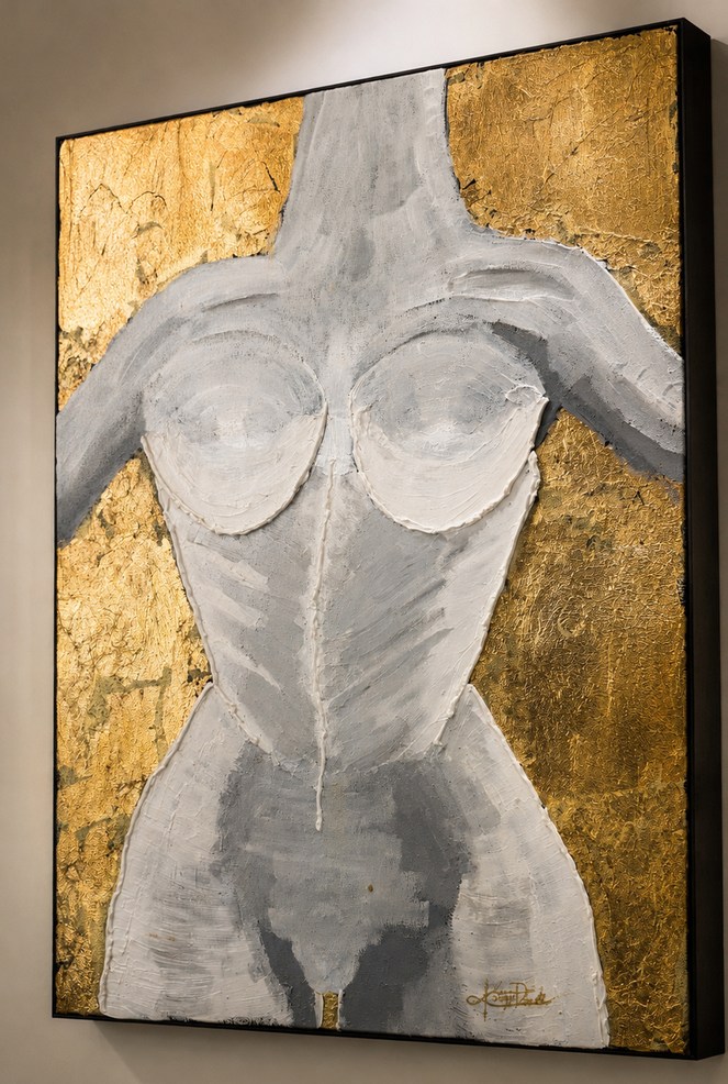 Gilded Form — a sculpted grey and white figure against raised gold leaf